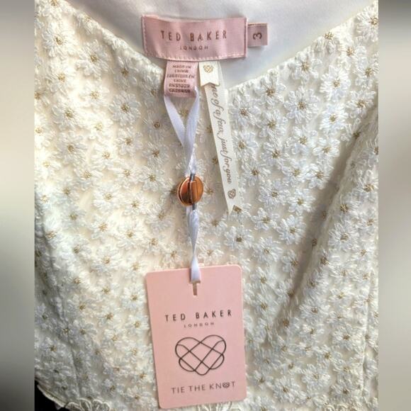 NWT Ted Baker Rosemary Daisy Embroidered Dip Hem Chiffon Pleat Midi Dress Navy 8 - Picture 9 of 13